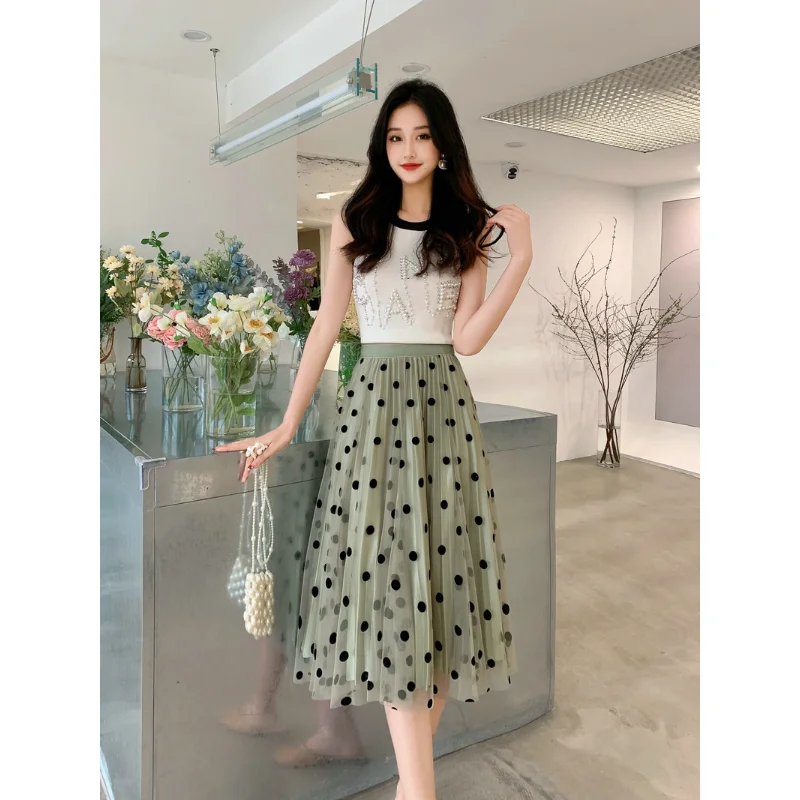 

Spring Summer Green Polka Dot Tulle Pleated Skirts for Women High Waist Midi Length Black Skirt Korean Style Gonna Lunga Donna