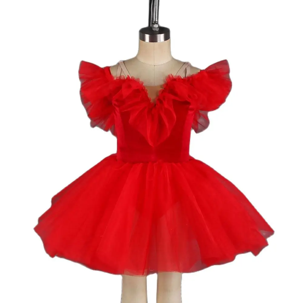 

21240 Off Shoulder Red Velvet Bodice Attached Layers of Tulle Tutu Skirt Adult Girls Ballet Dance Costume Performance Dancewear