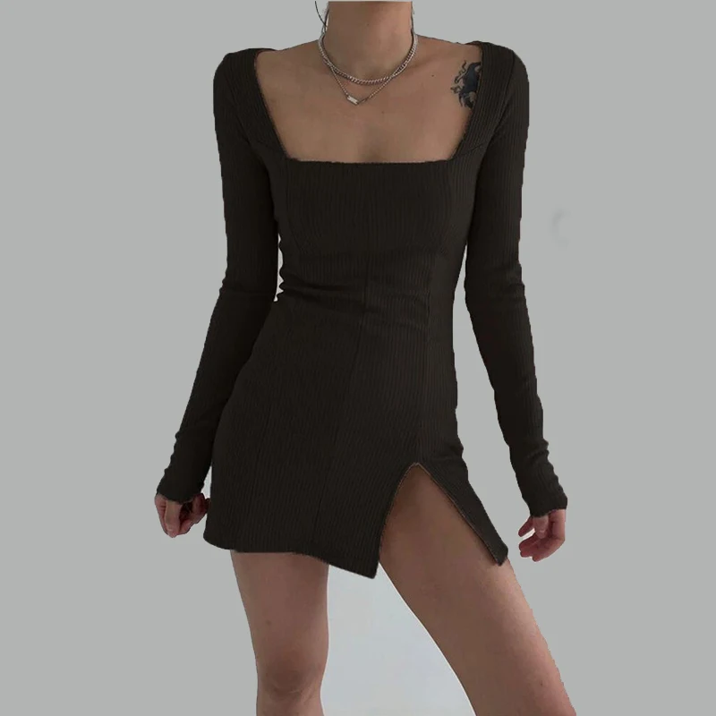 

Y2K Square Neck Long Sleeve Knitted Tight Split Vintage Aesthetics Fashion Party Club Elegant Street Apparel Casual Mini Dress