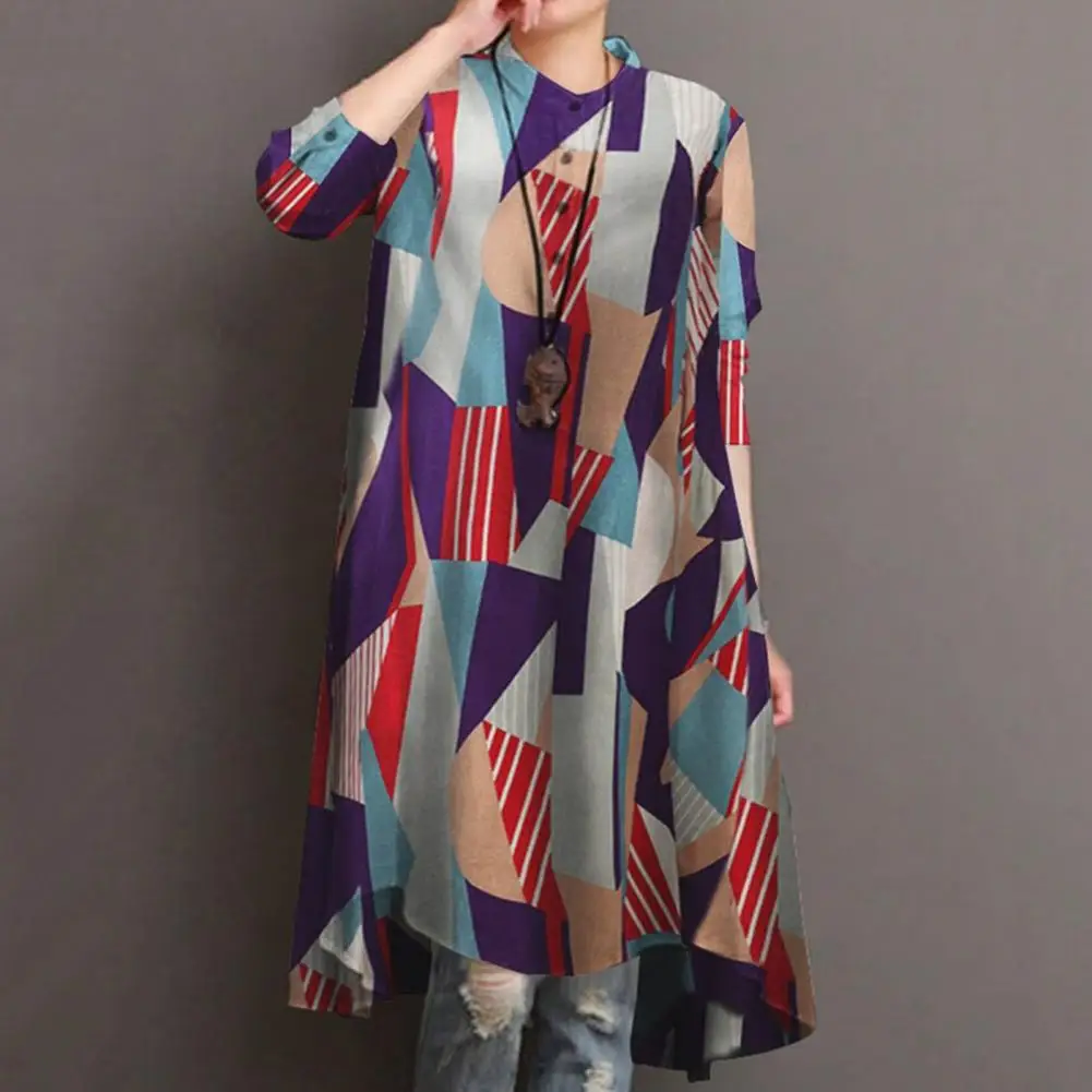 

O-neck Long Sleeves Buttons Half Placket Irregular Large Hem Women Dress Vintage Flower Plant Printing Loose Midi Dress