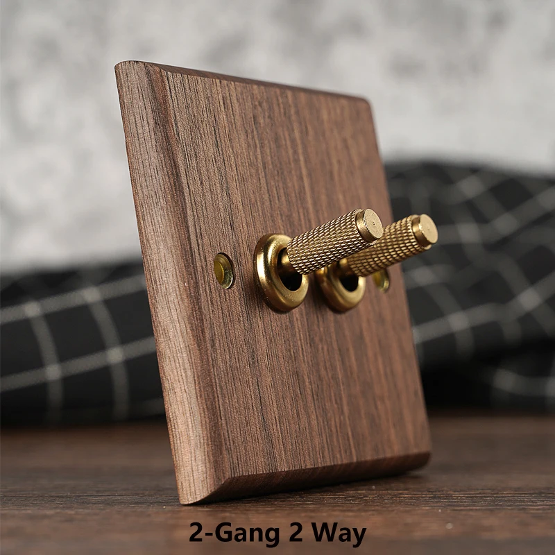 

Retro Black Walnut Panel 1-4 Gang 2 Way Wall Light Toggle Switch Brass Knurled Lever Solid Wood USB Outlet