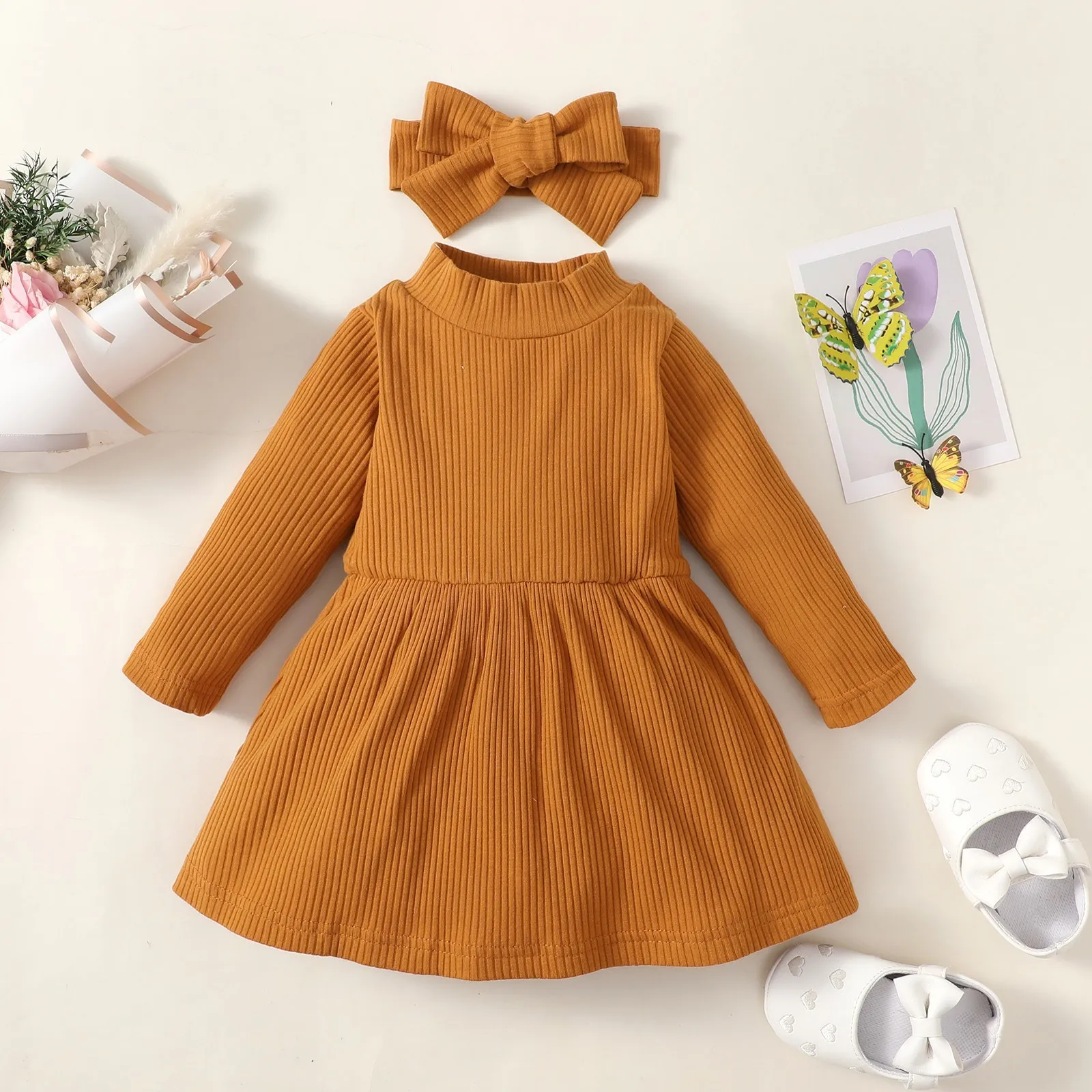 

Baby Girls Autumn Dress Solid Color Long Sleeve Casual Sundress French Princess Dress+Hairband 2Pcs Children's Clothing Outfits