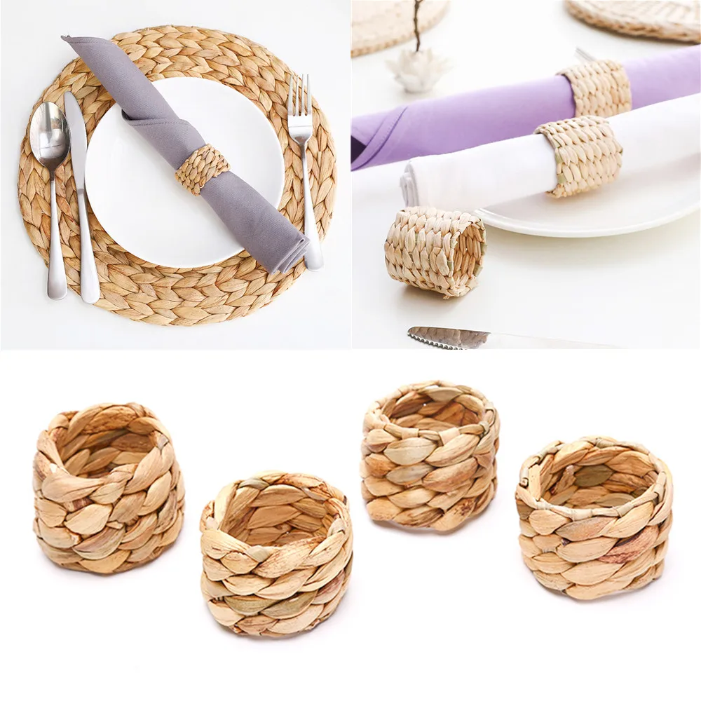 

Hand-woven Napkin Holders Natural Straw Woven Napkin Ring Rattan Napkin Rings Buckle Christmas Party Dinner Table Decoration