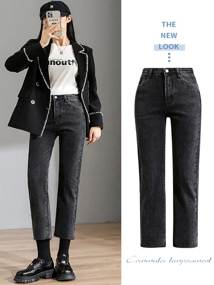 

Straight leg women jeans washed ankle length denim trousers original high waist woman jeans straight leg pant winter autumn 2022