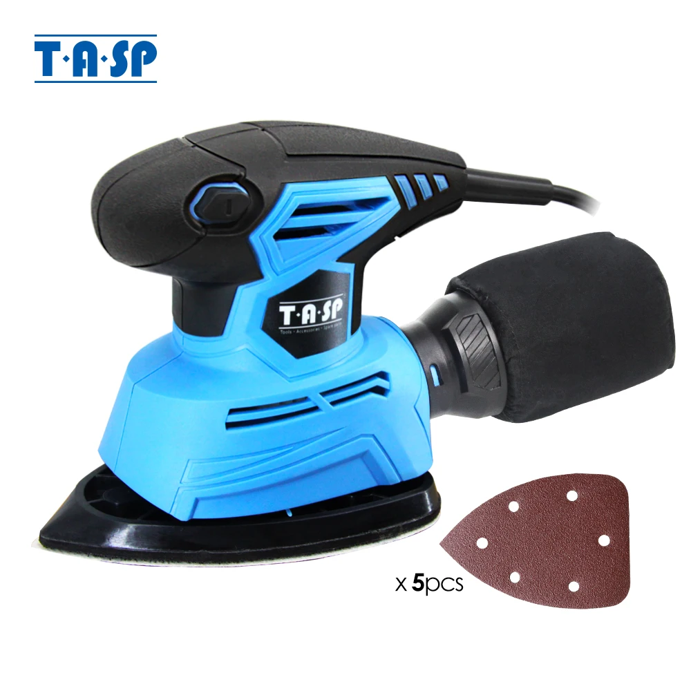 TASP 130W Electric Palm Sander Detail Sanding Machine Woodworking Tools for Wood with Dust Collection Bag & 5 Sandpapers