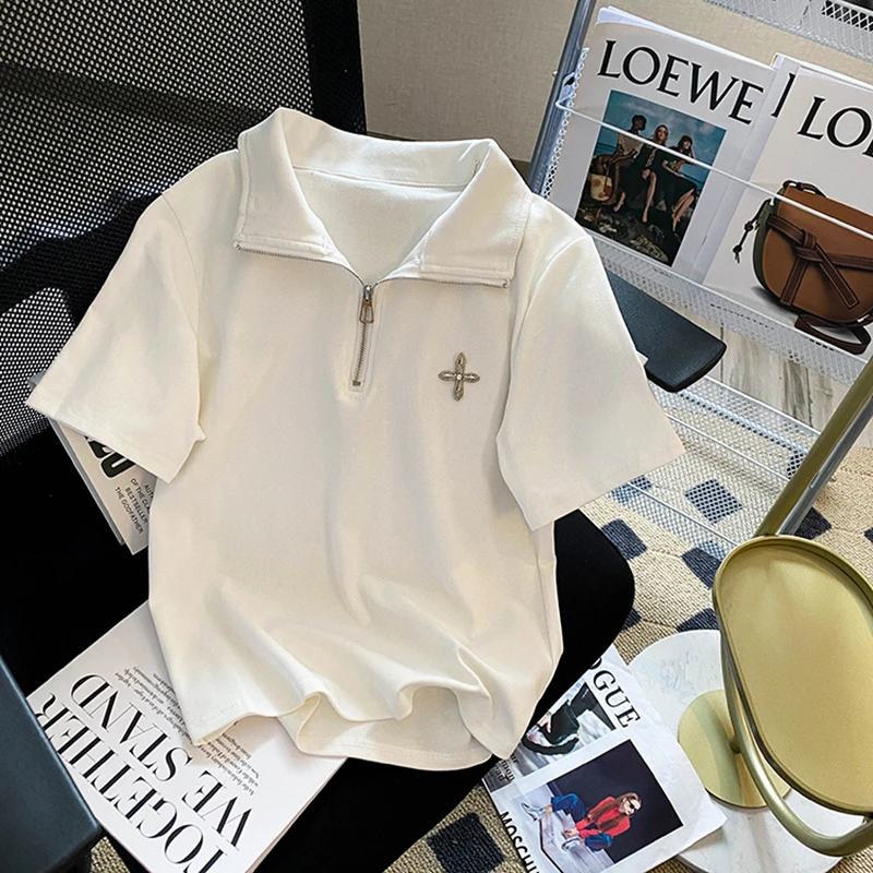 

V-neck Short Sleeved White Black Striped T-shirt Women's Trendy High-end Polo Shirt Tops Fashion Casual Chic Design Ladies Tops