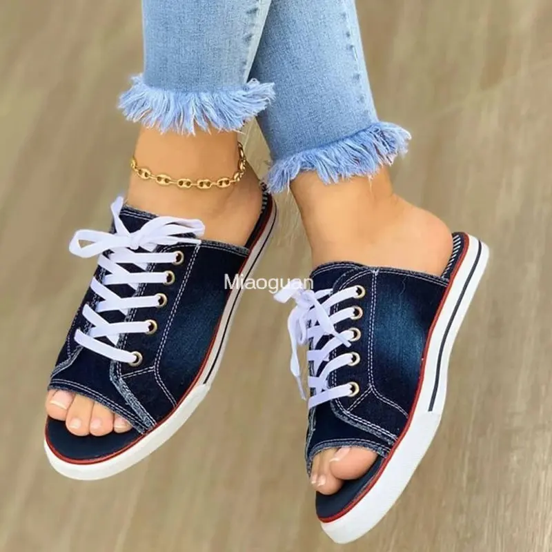 

Ladies Slippers Canvas Lace-up Open-toed New Flat-Bottom Casual Women Fashion Denim Beach Shoes Breathable Summer Size 35-43