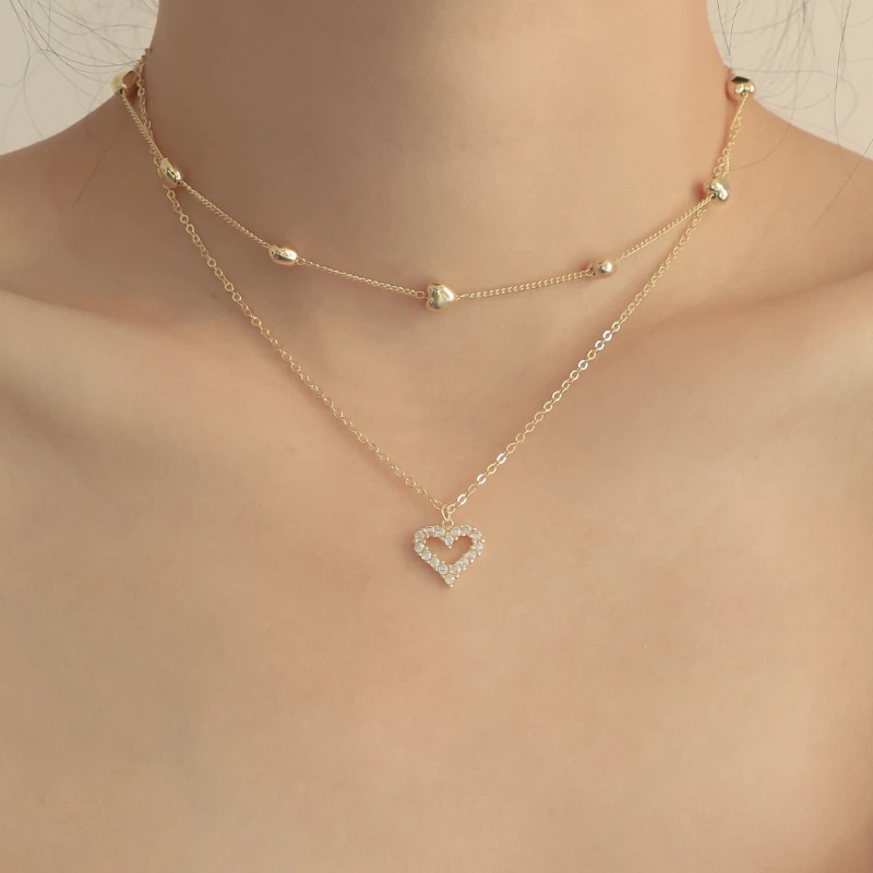 Gold Color Double Layer Heart Necklace Zircon for Women Clavicle Chain Elegant Charm Wedding Pendant Jewelry Collar Con Colgante