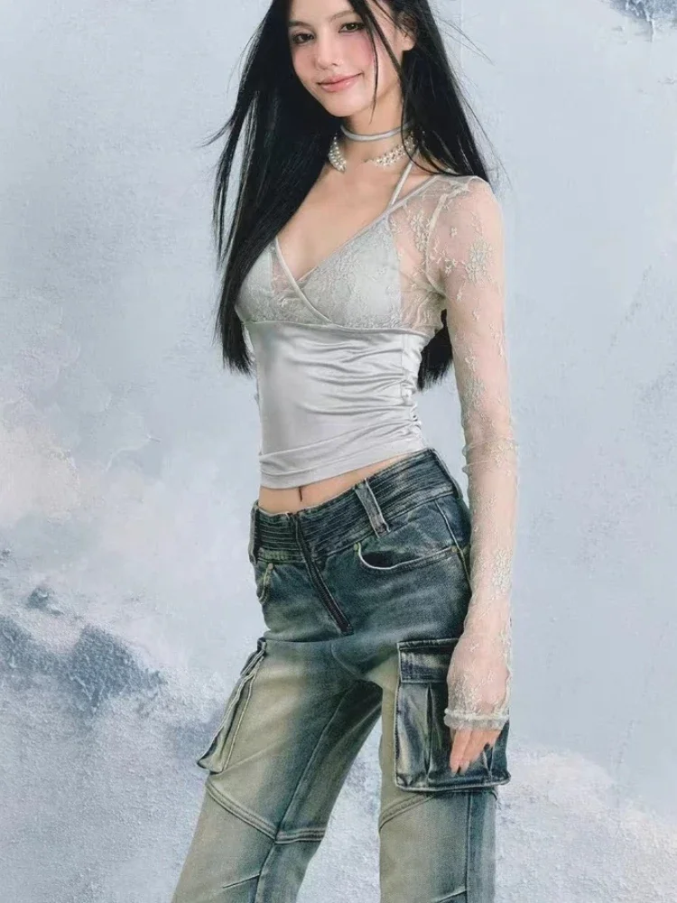 Женский Кружевной укороченный топ Y2k в стиле пэчворк винтажные облегающие