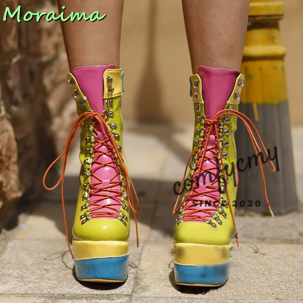 Platform Wedges Women Ankle Boots Round Toe Lace Up Mixed Colors Fashion Side Zipper Designer 2023 New Arrivals European Style