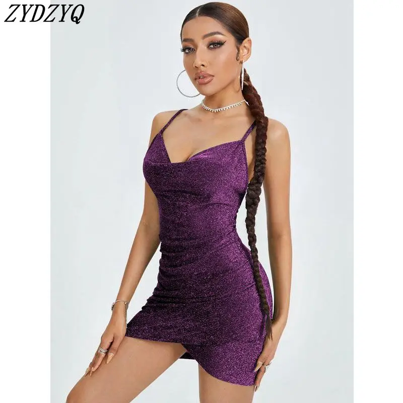 

ZYDZYQ Sexy Dress Summer Lace-up Shiny Silver Thread Birthday Dresses for Women Y2k Clothes Club Vacation Streetwear Wholesale
