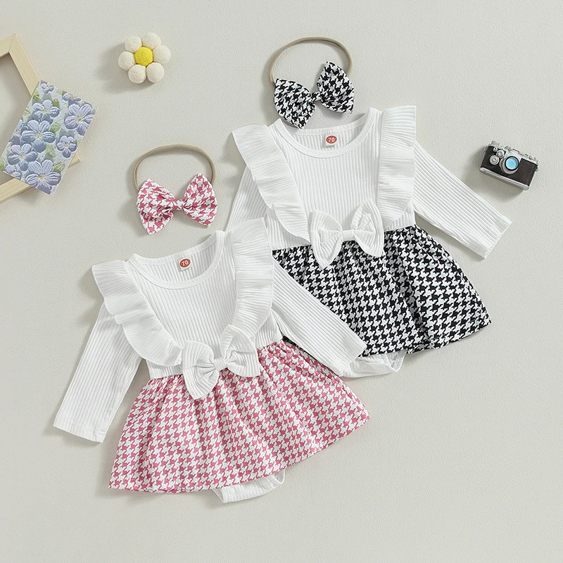 

Infant Girl Rompers Dress Long Sleeve Rib Knit Houndstooth Skirt Hem Jumpsuits Newborn Clothes Baby Bodysuits with Headband