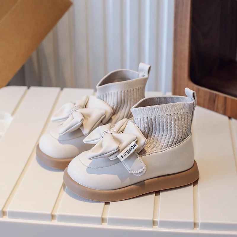 

Girls Ankle Boots Autumn Winter Pretty Knit Socks Shoes Holiday Flats Princess Platform Boots Bow-knot Shoes for Kids Girls