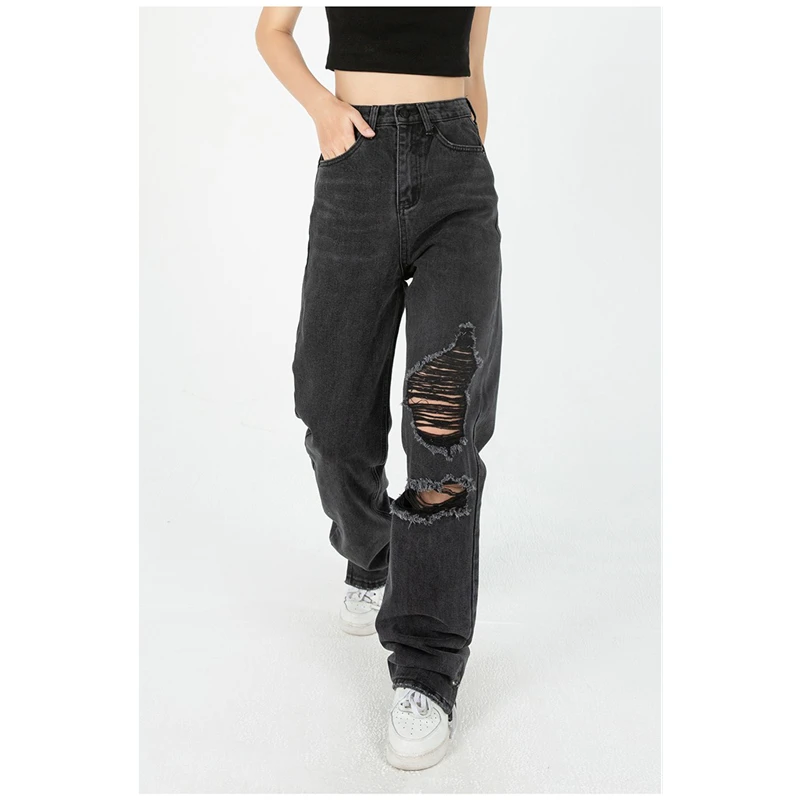 Vintage High Waist Women Black Ripped Jeans Korean Fashion Streetwear Wide Leg Jean Denim Trouser Straight Baggy Denim Pants