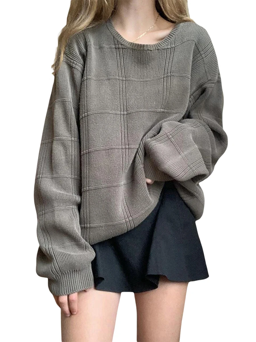 

Женские вязаные свитера оверсайз с длинным рукавом, винтажный свободный милый эстетичный вязаный пуловер с круглым вырезом, топы для девочек-подростков
