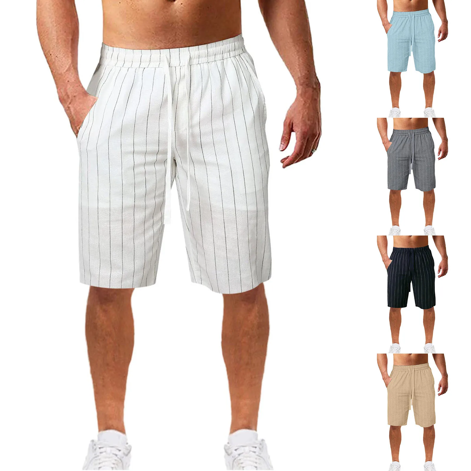 

New Men's Vertical Stripe Tied Shorts Elastic Waist Cotton Beachwear Casual Social Male Beach Short Outdoors Short Pants