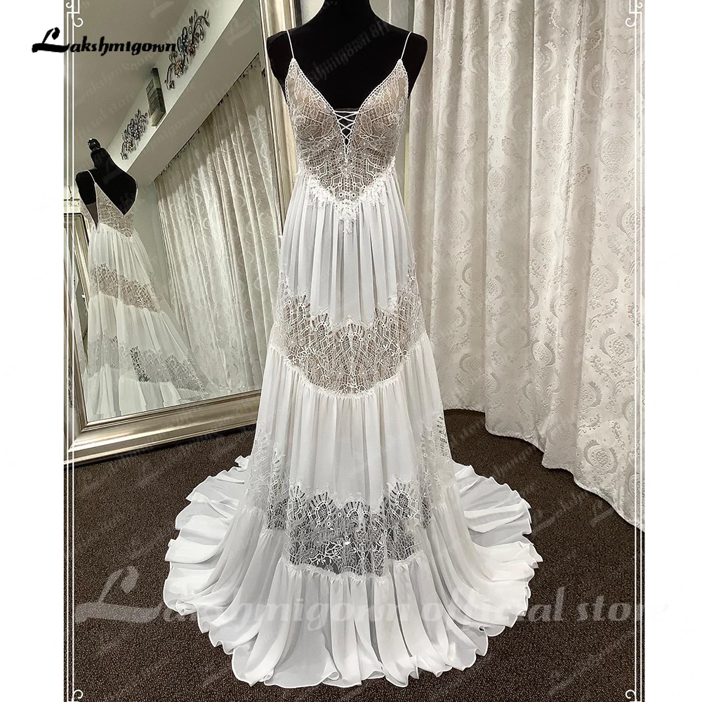 

Lakshmigown сексуальное кружевное пляжное свадебное платье с глубоким V-образным вырезом на бретельках 2023 A-силуэт в стиле бохо Wedidng вечерние плат...