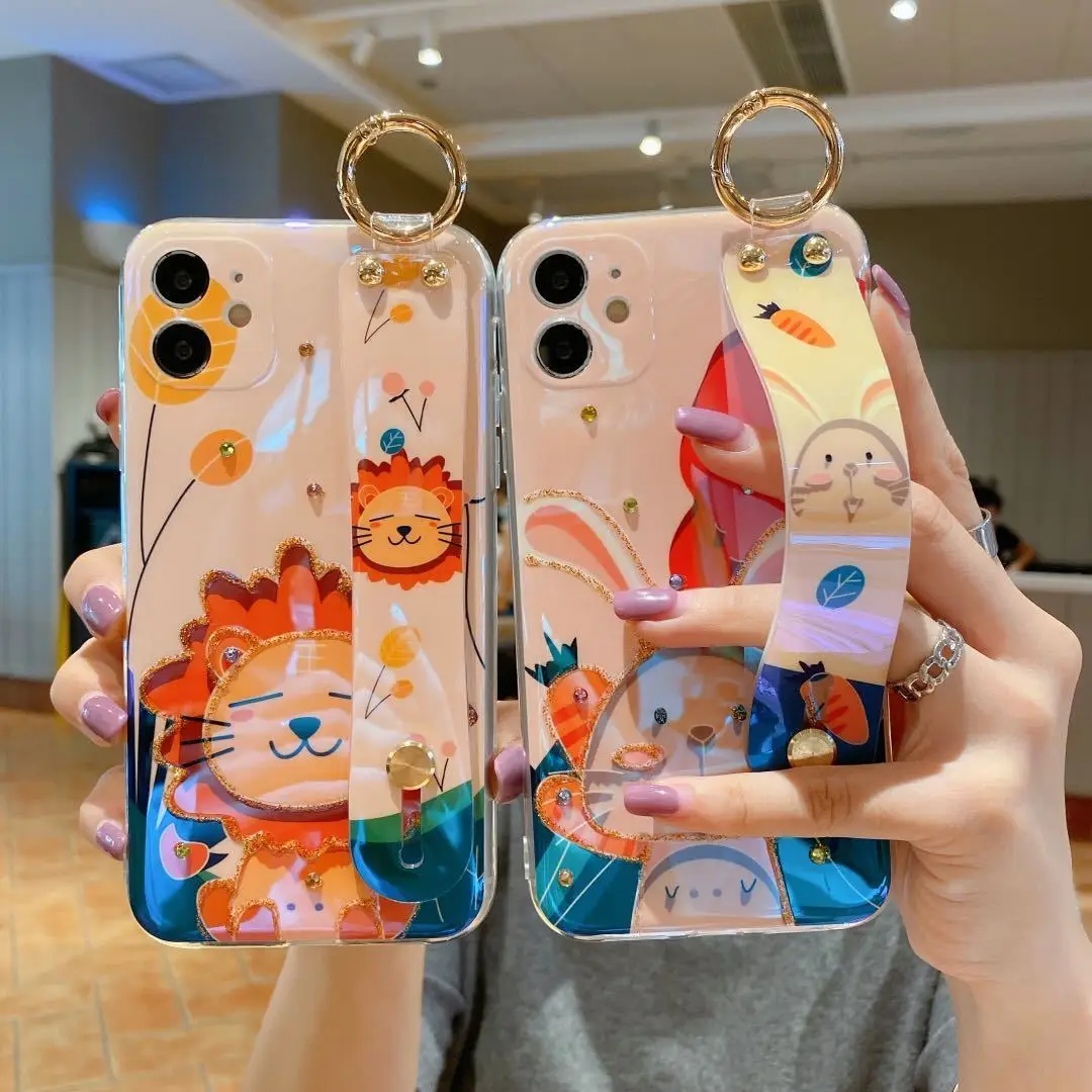 

Cartoon Diamond Blue Wristband Silicone Case For iPhone Xsmax XR 11 Pro 12 Max 13 7 X Xs 8 Plus Multifunctional Stand Non-slip