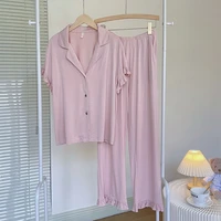 fdfklak modal summer new pajamas suit turn down collar short sleeve trousers two piece pj sets sleepwear pink loungewear