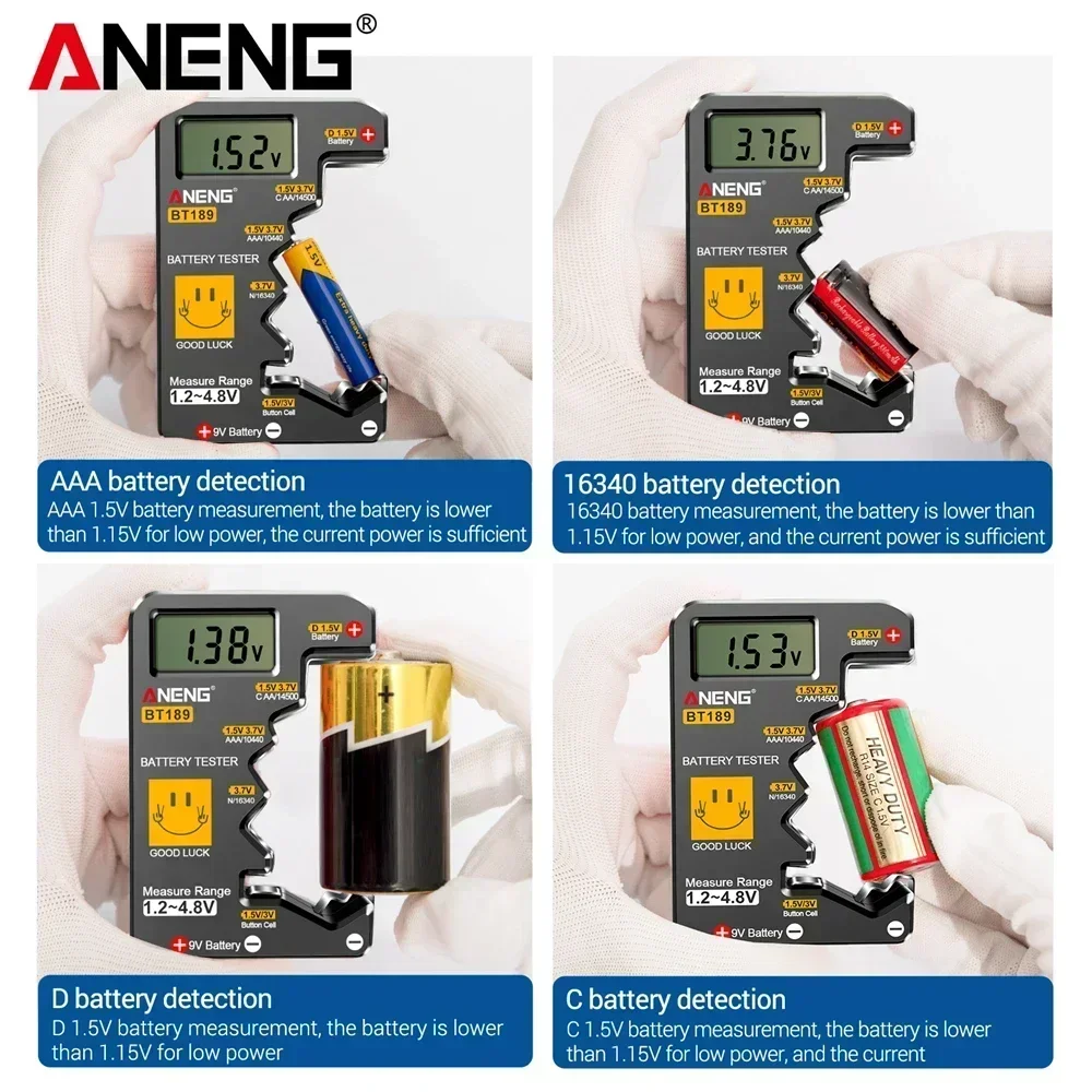Фото Цифровой тестер батареек ANENG BT189 с ЖК-дисплеем для AA, AAA, C, D, 9V, 1.5V, 3V, кнопочных батареек, универсальный детектор батареек №4
