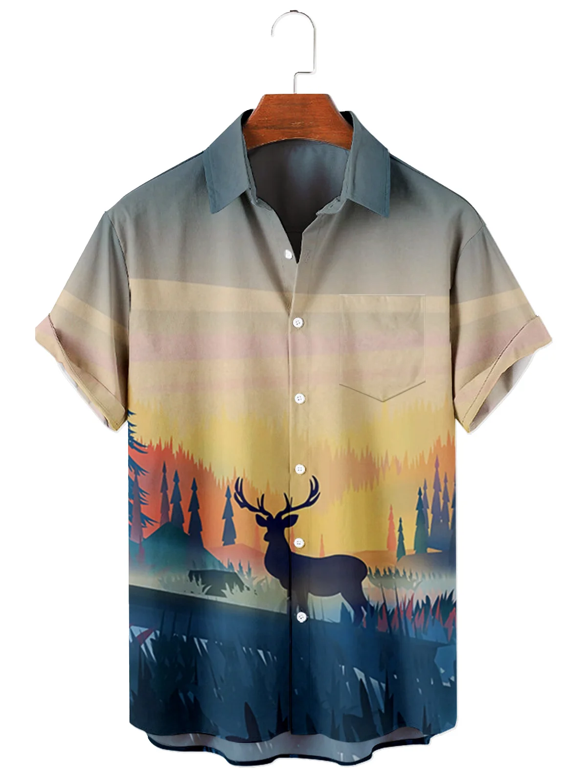 2022 Summer Beach Casual Men's Short Sleeve Lapel Shirt Plus Size Sunset Elk 3D Printed Men's Top with Pockets