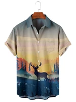 2022 summer beach casual mens short sleeve lapel shirt plus size sunset elk 3d printed mens top with pockets