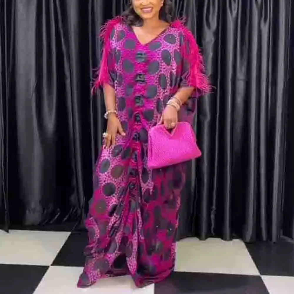 

African Ladies Dresses New 2023 Loose Printed V Neck Short Sleeve Loose Fashion Elegant Birthday Party Dinner Vestidos Mujer Hot