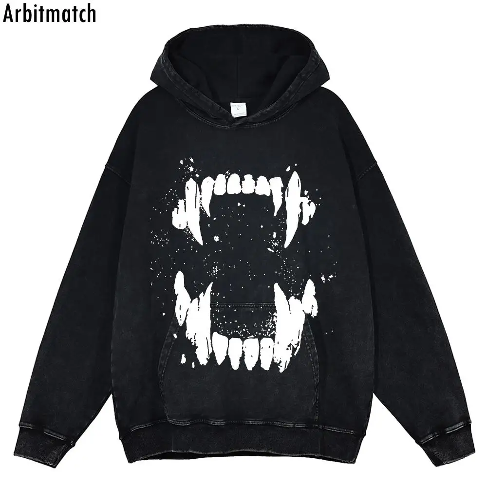 

Men Hip Hop Punk Rock Washed Sweatshirt Autumn Winter Streetwear Big Fangs Printed Hoodies Harajuku Cotton 2022 Vintage Hoodie
