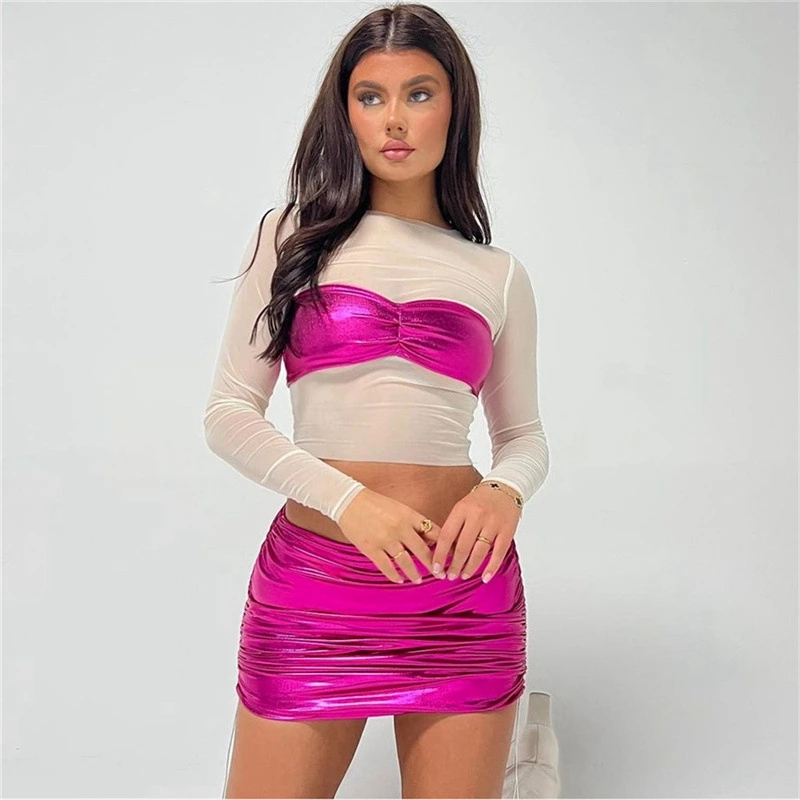 

Женский комплект из 2 предметов, прозрачный сетчатый укороченный топ из искусственной кожи с длинным рукавом и мини-юбка с рюшами и кулиской