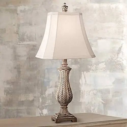 

Traditional Style Table Lamp 25" High Old Oak Antique Brown Petite Vase Beige Fabric Rectangular Shade Decor for Living Room Wir