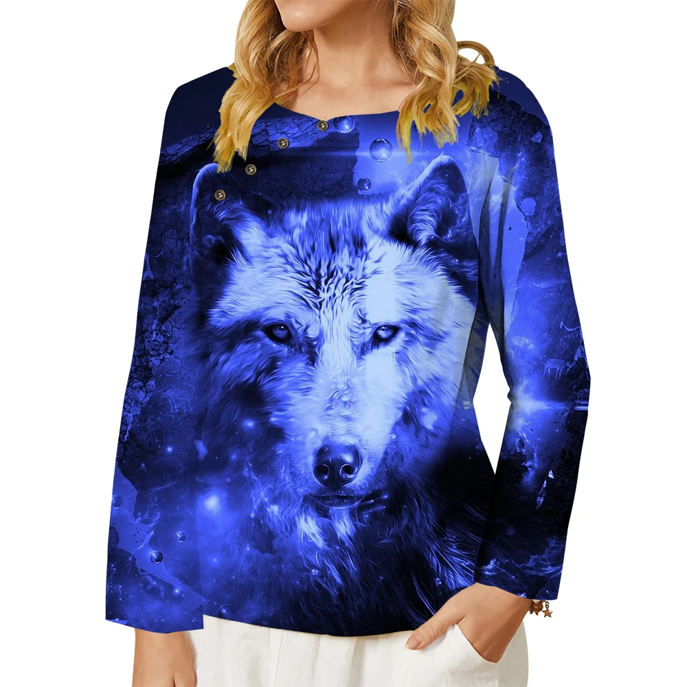 

CLOOCL Women T-shirt Harajuku Wolf Graphics 3D Printed Tee Button Decorate Crew Neck Long Sleeve Casual Tops Animal Clothes