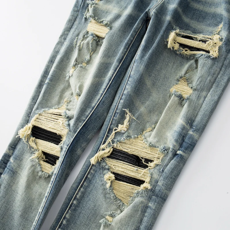 High Street Fashion Men Jeans Retro Washed Elastic Stretch Skinny Ripped Jeans Men Leather Patched Designer Brand Hip Hop Pants