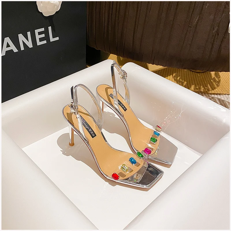 2023 Summer New Women's High Heels Sexy Women's Sandals One Button Rhinestone Pumps Roman Fashion Sandals Party Women's Shoes