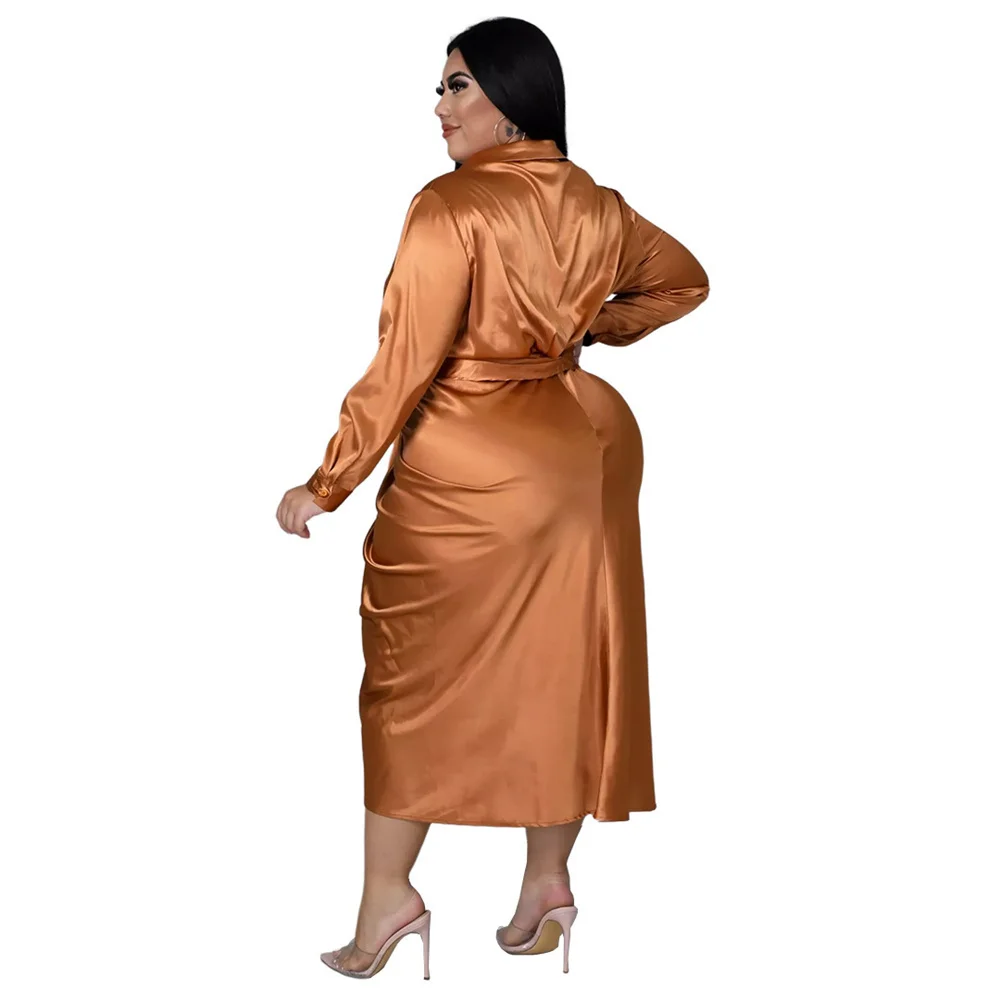 Plus Size Women's Dresses Women Solid Long Sleeve Bandage Draped Pleaped Sleeve Button Dress Office Lady Whol 3xl 4xl 5xl 6xl