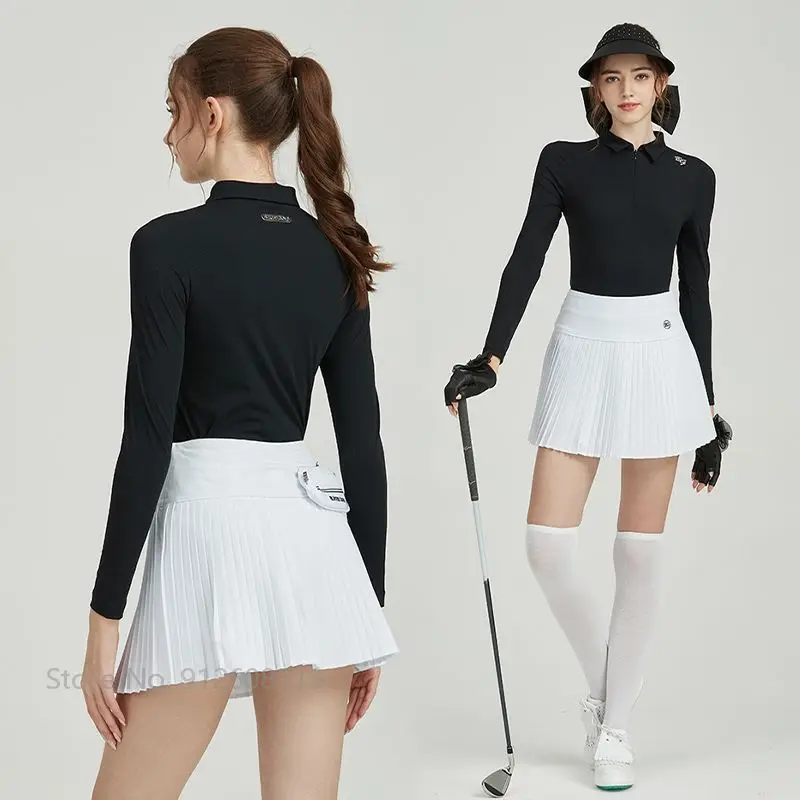 Blktee Antumn Female Black Long-sleeve Golf T-shirt Zipper Collar Tops Women Slim Shirt Anti-exposure Skort High Waist Skirt Set