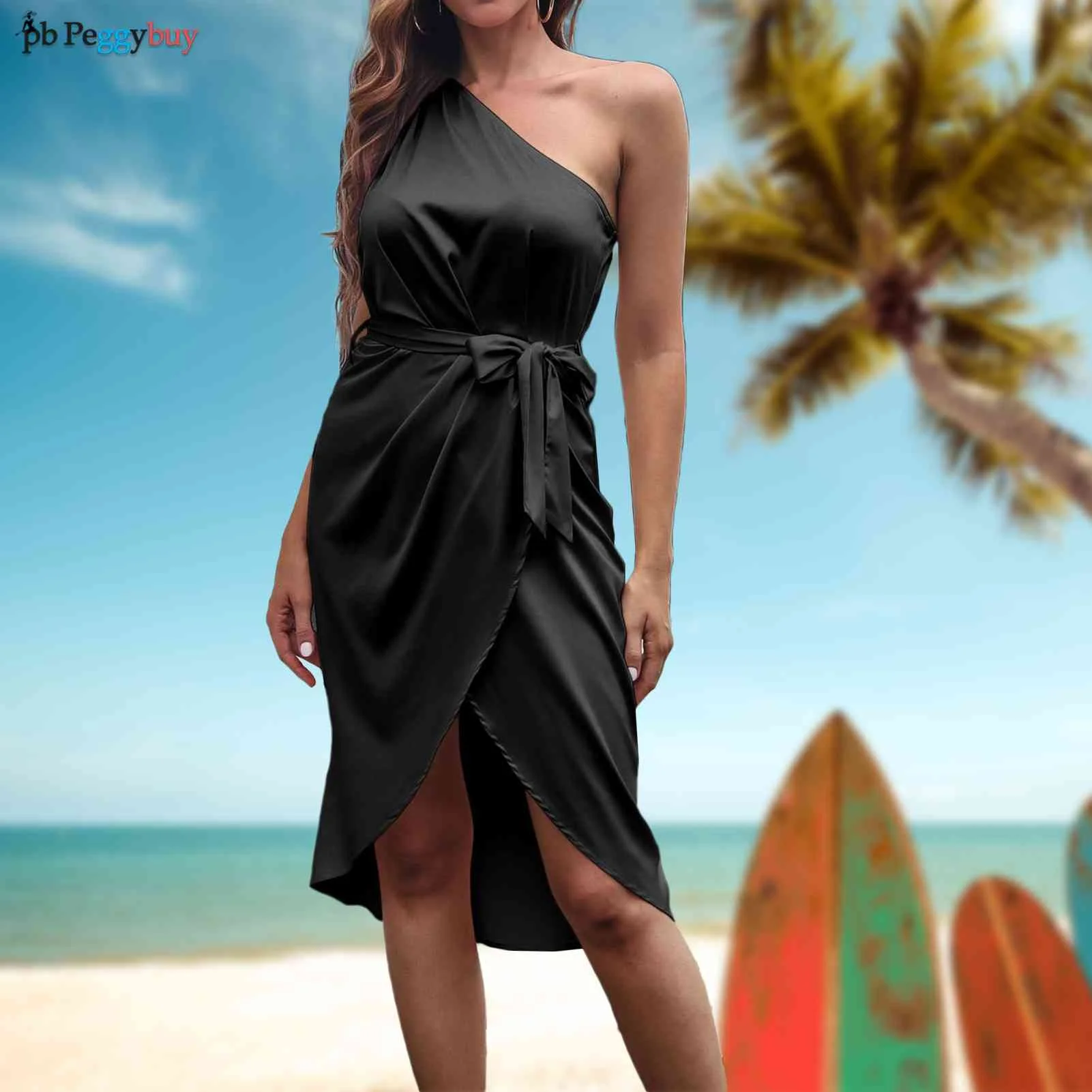 

Женское платье с одним открытым плечом и поясом, летнее платье неправильной формы, модное Европейское платье с одним скошенным плечом для коктейля