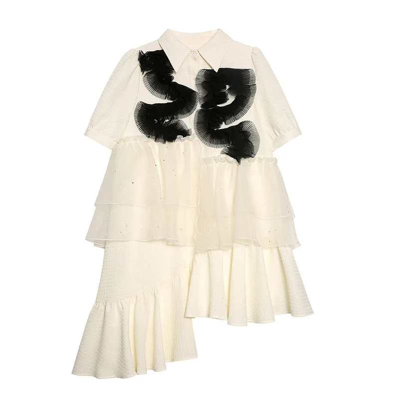 

Платье-рубашка женское средней длины, французское Сетчатое дизайнерское платье с асимметричным подолом и оборками, в стиле ретро, с вышивко...