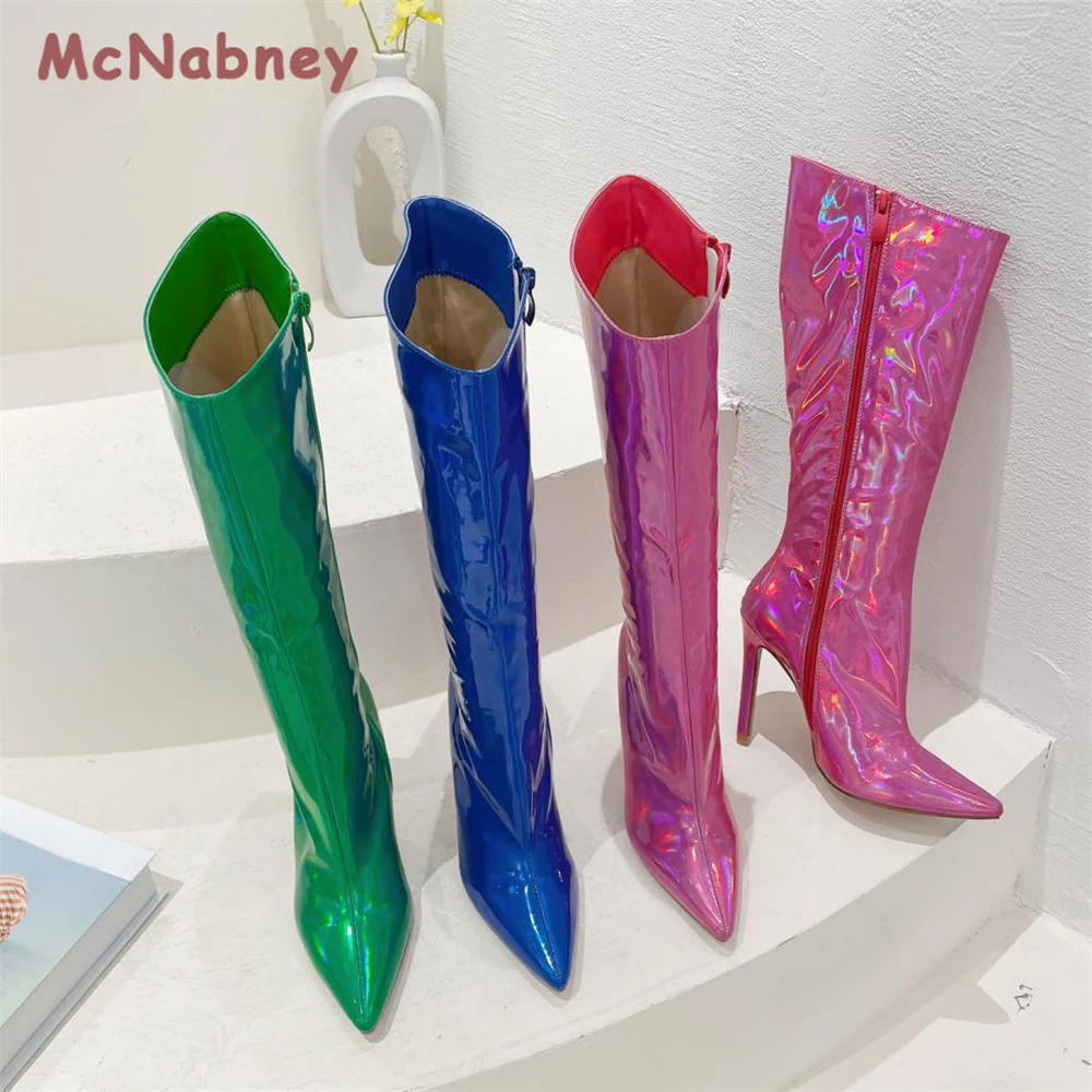 Women High Heel Knee Boots Thin Heels Mid-Calf Pointed Toe Zip Handmade Sexy Fashion Laser Sequin Long Boots Stiletto Pumps