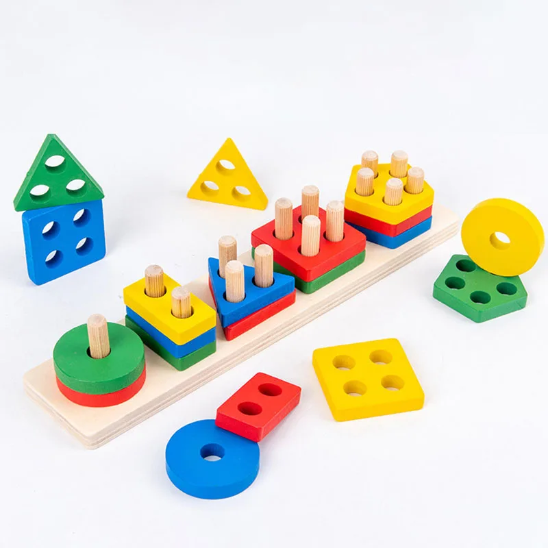 

Children's Five-post Geometric Modeling Building Blocks Montessori Toys Colorful Jigsaw Puzzle Teaching Aids Children Wooden Toy