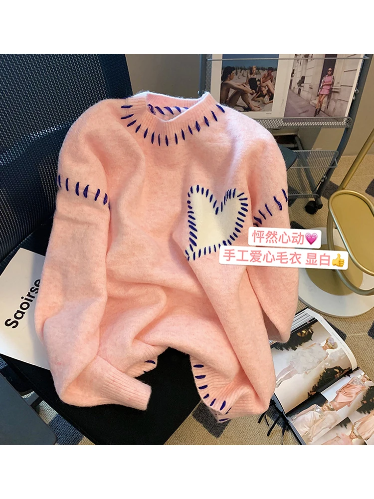 Sweater Mujer Harajuku Knitted Sweater Heart Pullover Long Sleeve O-Neck Oversize Casual Pink Sweaters Y2k Fashion Women Clothes