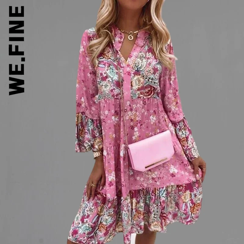 

We.Fine Dress Women Flare Sleeve Loose V-Neck Ruffle Mini Dresses Simple Club Dresses Girl Vestidos Clothing Female