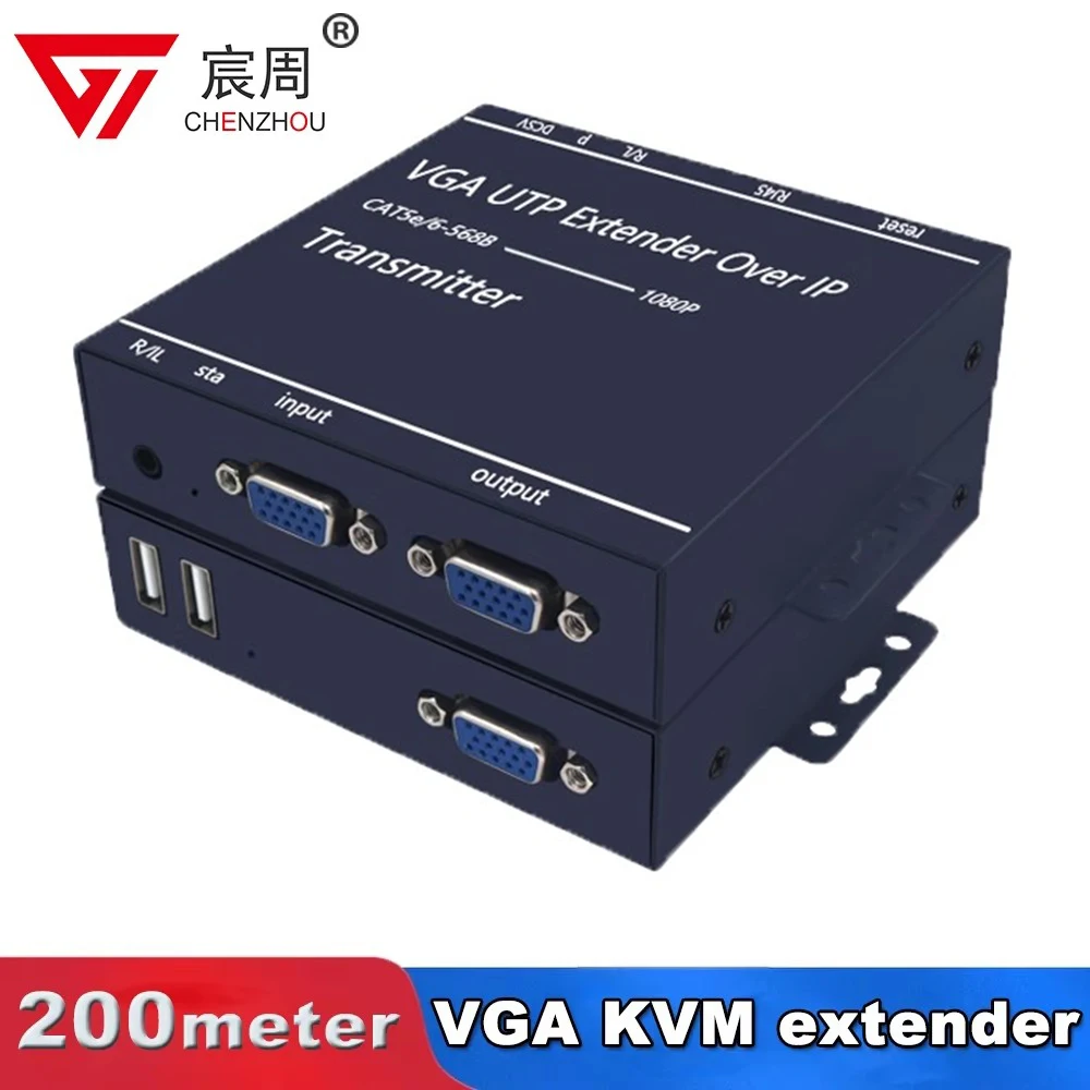 Фото 200 м VGA удлинитель RJ45 1080P VGA KVM удлинитель USB через Cat5 Cat5e Cat6 кабель VGA клавиатура мышь передатчик приемник №1