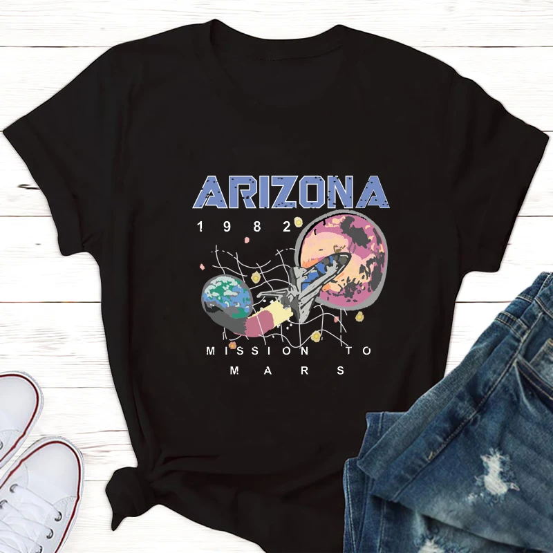 

Spring and summer polyester cotton Nostalgia Old Planet Printed Harajuku Spaceship Arizona Space Print Black T-shirt tee top