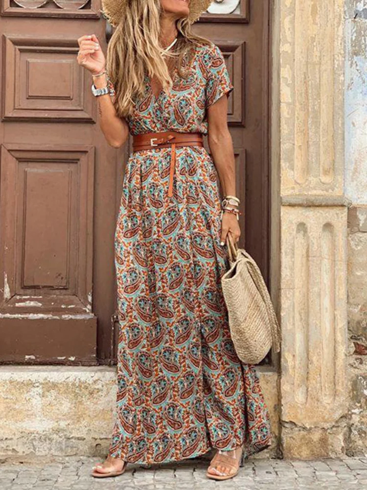 

New Summer Fashion Bohemian V Neck Floral Dress Split Belt Casual Ladies Dress Beach Party Ladies Dress Red Dresses Women