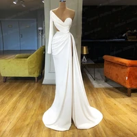 modest asymmetraical prom dress one shoulder sexy slit floor length illusion party gown evening custom pleat elasticity fabric