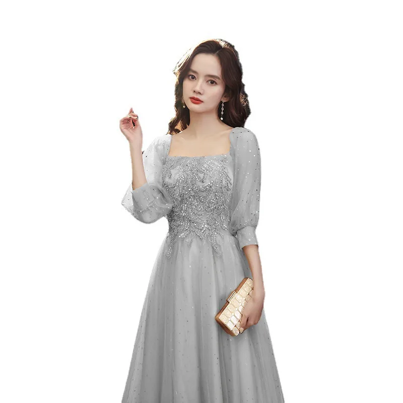 Grey evening dress new spring banquet temperament celebrity small presenter slim evening dress