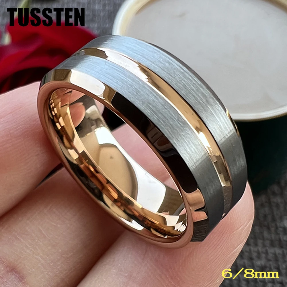 

Dropshipping TUSSTEN 6MM/8MM Rose Gold Color Wedding Band Tungsten Carbide Ring Grooved Brushed Charm Jewelry Comfort Fit
