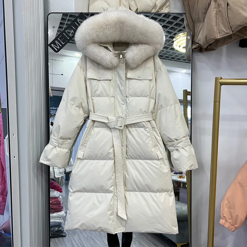 

Down Jacket Women Winter 2022 New 90 White Duck Down Large Fur Collar Parka Long Knee Thick Plus Size Belt Waist Coats Female