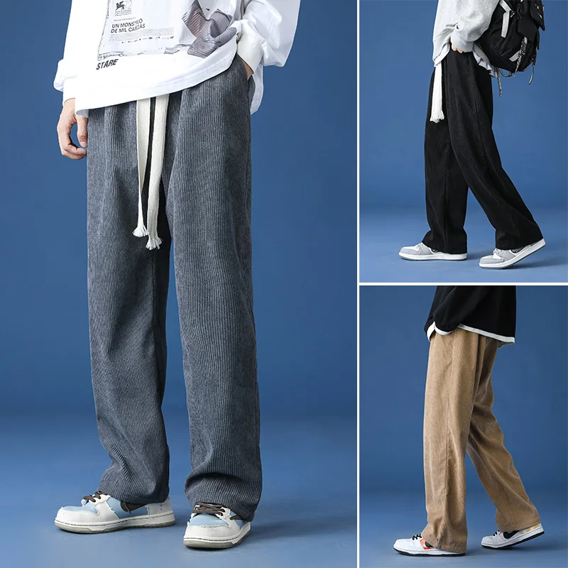 New Korean Fashion Men'S Trend Falling Feeling Corduroy Wide Leg Pants Spring Loose Straight Tube Youth Handsome Casual Trousers