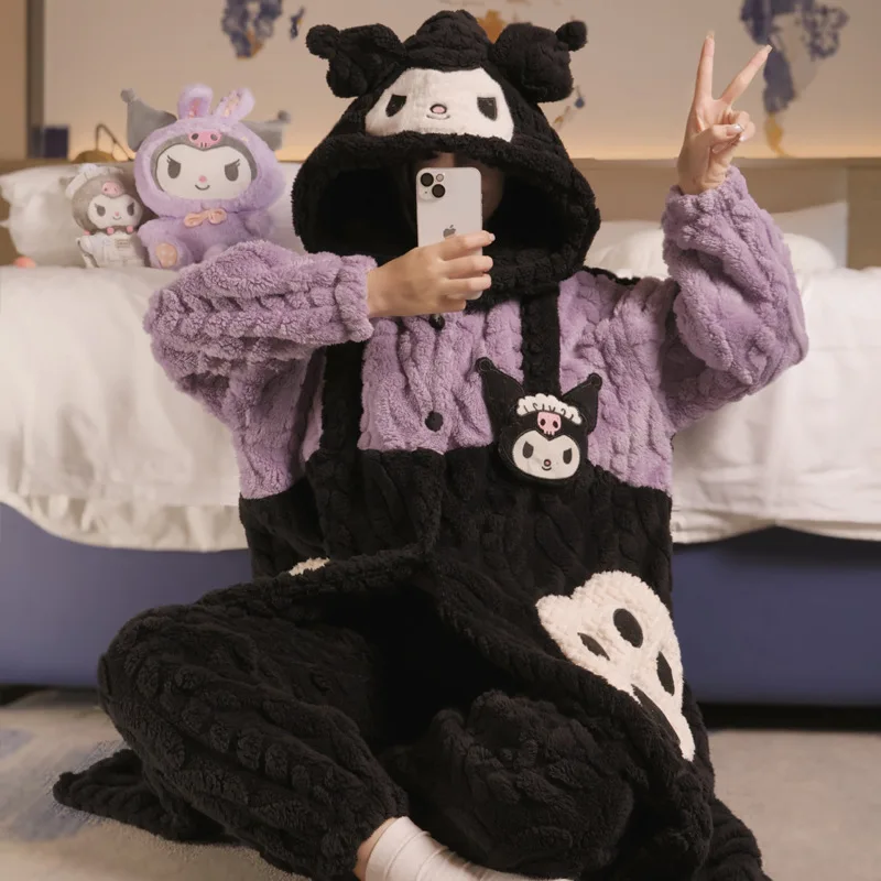 

Kawaii Sanrios Kuromi Cinnamoroll Girls Women's Coral Velvet Nightgown Thickened Hooded Pajamas Sets long bathrobe Homewear Gift